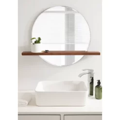 30" X 24" Fosset Round Frameless Mirror With Shelf Walnut Brown - Kate & Laurel All Things Decor -Home Decor Store GUEST 184d045a 9332 463d 82db 5ebcf1c49255