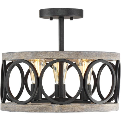 Franklin Iron Works Salima Rustic Farmhouse Ceiling Light Semi Flush Mount 16" Wide Black Gray Wood 3-Light For Bedroom Kitchen Living Room Hallway 8 Franklin Iron Works Salima Rustic Farmhouse Ceiling Light Semi Flush Mount 16" Wide Black Gray Wood 3-Light For Bedroom Kitchen Living Room Hallway - Image 6