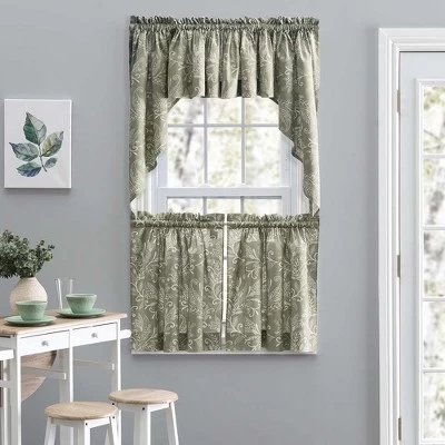 Ellis Curtain Lexington Leaf Pattern On Colored Ground Curtain Tiers Sage 4 Ellis Curtain Lexington Leaf Pattern On Colored Ground Curtain Tiers Sage - Image 2