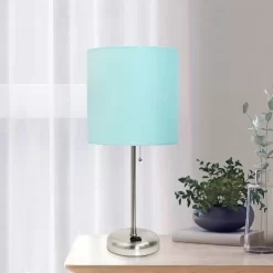 19.5" Bedside Power Outlet Base Metal Table Desk Lamp In Brushed Steel With Aqua Blue Fabric Shade - Creekwood Home -Home Decor Store GUEST 32c64d80 812c 4671 a4fd 6334eb596bcd