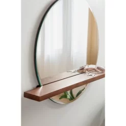 30" X 24" Fosset Round Frameless Mirror With Shelf Walnut Brown - Kate & Laurel All Things Decor -Home Decor Store GUEST 56762278 9b64 4740 8381 7bd4677aea0a
