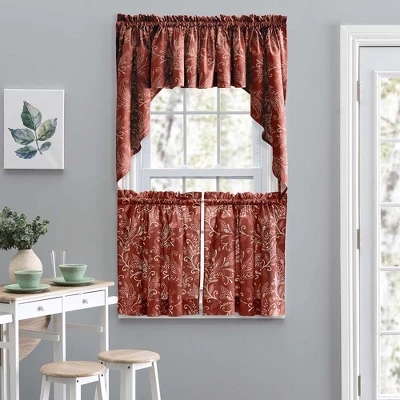 Ellis Curtain Lexington Leaf Pattern On Colored Ground Tailored Swags 56"x36" Brick 3 Ellis Curtain Lexington Leaf Pattern On Colored Ground Tailored Swags 56"x36" Brick