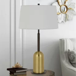 30" Metal Rimini Desk Lamp With Linen Drum Shade Black/Antique Brass - Cal Lighting