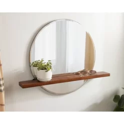 30" X 24" Fosset Round Frameless Mirror With Shelf Walnut Brown - Kate & Laurel All Things Decor -Home Decor Store GUEST 758920a8 c53a 4965 b644 a964039bcddb