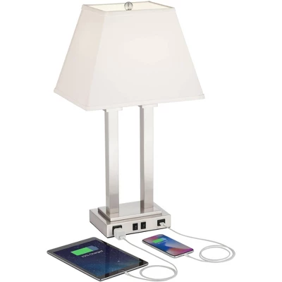 Possini Euro Design Amity Modern Table Lamp 26" High Brushed Nickel With USB And AC Power Outlet In Base White Linen Shade For Bedroom Bedside Desk 4 Possini Euro Design Amity Modern Table Lamp 26" High Brushed Nickel With USB And AC Power Outlet In Base White Linen Shade For Bedroom Bedside Desk - Image 2