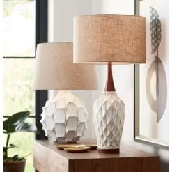 360 Lighting Rocco Modern Mid Century Table Lamp 30" Tall White Geometric Ceramic Wood Tan Fabric Drum Shade For Bedroom Living Room Bedside Office -Home Decor Store GUEST 9e610141 9856 4a8b 9b6a c6b1db906048