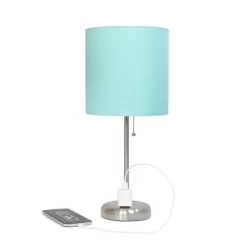 19.5" Bedside Power Outlet Base Metal Table Desk Lamp In Brushed Steel With Aqua Blue Fabric Shade - Creekwood Home