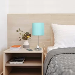 19.5" Bedside Power Outlet Base Metal Table Desk Lamp In Brushed Steel With Aqua Blue Fabric Shade - Creekwood Home -Home Decor Store GUEST a812ad80 4f1b 41d3 8c5e b4a6b3b919a3