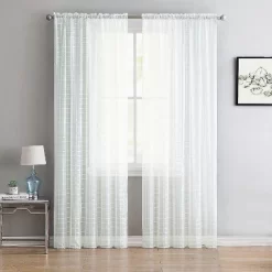 Kate Aurora 2 Piece Rod Pocket White Plaid Sheer Voile Window Curtain Panels