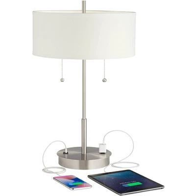 360 Lighting Nikola Modern Accent Table Lamps 23 3/4" High Set Of 2 Silver With USB And AC Power Outlet In Base White Drum Shade For Bedroom Home Desk 4 360 Lighting Nikola Modern Accent Table Lamps 23 3/4" High Set Of 2 Silver With USB And AC Power Outlet In Base White Drum Shade For Bedroom Home Desk - Image 2