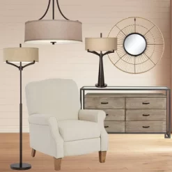 Franklin Iron Works Oil Rubbed Bronze Pendant Chandelier 19 1/2" Wide Farmhouse Rustic Oatmeal Linen Drum Shade Fixture For Dining Room Kitchen Island -Home Decor Store GUEST d03e8d9f 3cd2 455a 85e2 557df604c5da