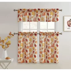 Kate Aurora Autumn Fall Harvest Scattered Leaves 3 Piece Rod Pocket Cafe Kitchen Curtain Tier & Valance Set