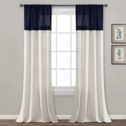Home Boutique Farmhouse Faux Linen Colorblock Pleated Window Curtain Panels Navy/Off White 40x84 Set