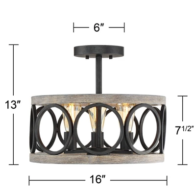 Franklin Iron Works Salima Rustic Farmhouse Ceiling Light Semi Flush Mount 16" Wide Black Gray Wood 3-Light For Bedroom Kitchen Living Room Hallway 7 Franklin Iron Works Salima Rustic Farmhouse Ceiling Light Semi Flush Mount 16" Wide Black Gray Wood 3-Light For Bedroom Kitchen Living Room Hallway - Image 5