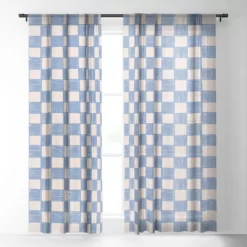 Schatzi Brown Alice Check Powder Single Panel Sheer Window Curtain - Deny Designs